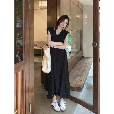 【RENA小舖 台灣現貨每天出】韓系簡約V領皺褶長裙_顯瘦/修身/連身裙/韓系/長裙/皺褶【R21427】-細節圖2