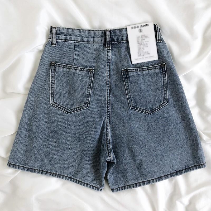 【RENA小舖 台灣現貨每天出】氣質復古做舊水洗高腰鈕扣調節寬鬆顯瘦休閒百搭牛仔闊腿短褲【R15164】-細節圖2