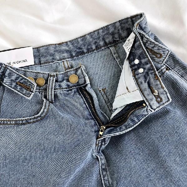 【RENA小舖 台灣現貨每天出】氣質復古做舊水洗高腰鈕扣調節寬鬆顯瘦休閒百搭牛仔闊腿短褲【R15164】-細節圖3