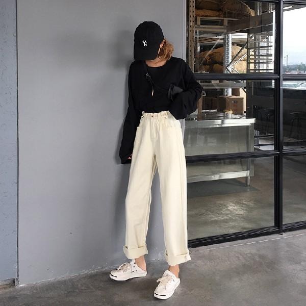 【RENA小舖 台灣現貨每天出】復古捲邊牛仔長褲_高腰/做舊/百搭/牛仔長褲/長褲【R15050】-細節圖4