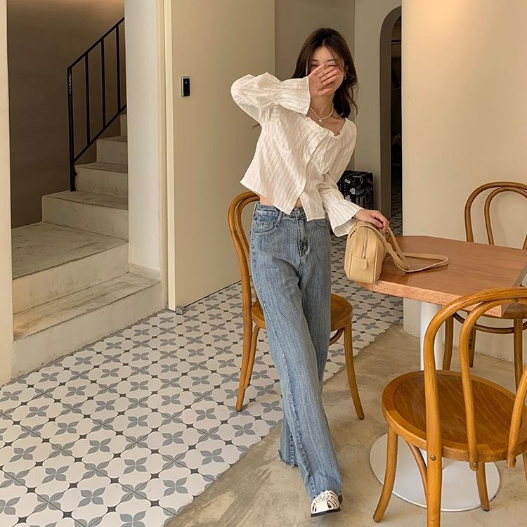 【RENA小舖 台灣現貨每天出】做舊毛邊水洗淺藍色初秋韓系高腰寬鬆顯瘦百搭直筒長褲【R18972】-細節圖6