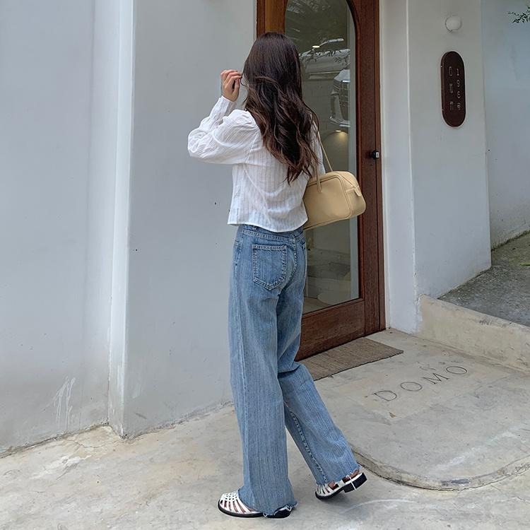 【RENA小舖 台灣現貨每天出】做舊毛邊水洗淺藍色初秋韓系高腰寬鬆顯瘦百搭直筒長褲【R18972】-細節圖8