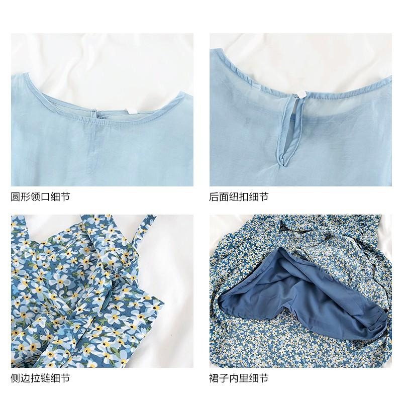 【RENA小舖 台灣現貨每天出】清晨薄霧微透泡泡袖短袖內搭+氣質復古小碎花吊帶連衣裙【R17628】-細節圖2