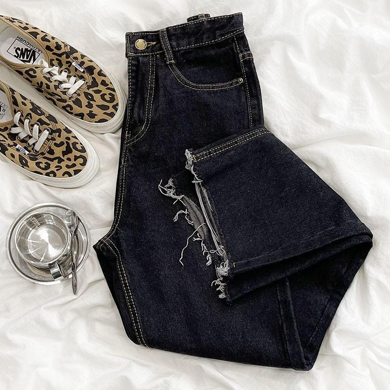 【RENA小舖 台灣現貨每天出】復古碳黑色明線設計感春季高腰修身顯瘦百搭流蘇可卷邊牛仔褲【R19955】-細節圖2