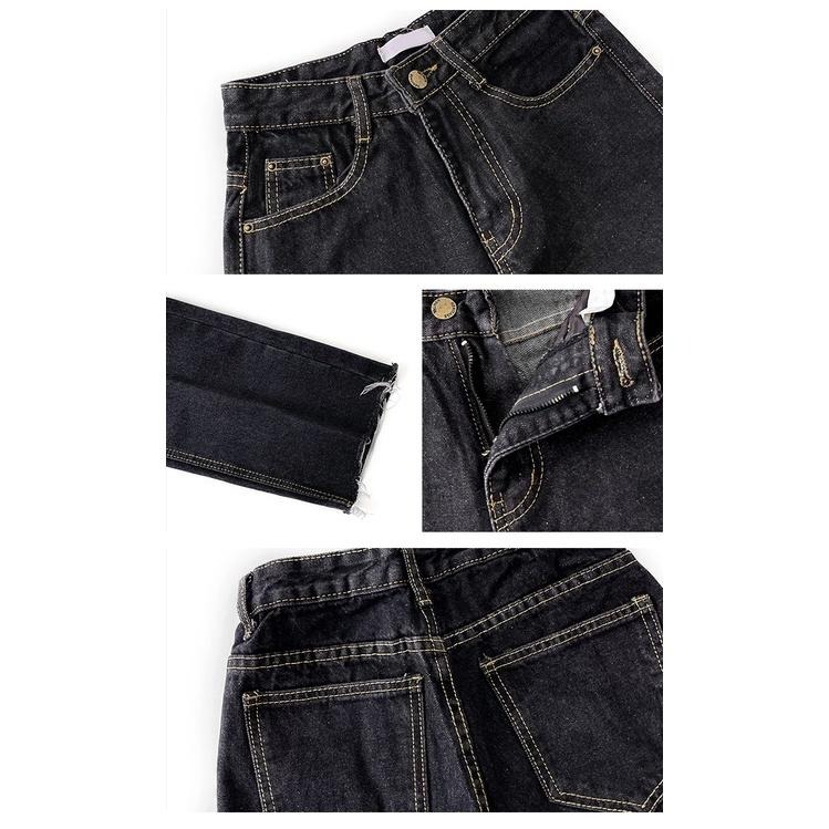 【RENA小舖 台灣現貨每天出】復古碳黑色明線設計感春季高腰修身顯瘦百搭流蘇可卷邊牛仔褲【R19955】-細節圖4