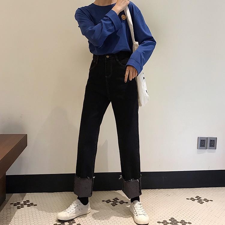 【RENA小舖 台灣現貨每天出】復古碳黑色明線設計感春季高腰修身顯瘦百搭流蘇可卷邊牛仔褲【R19955】-細節圖5