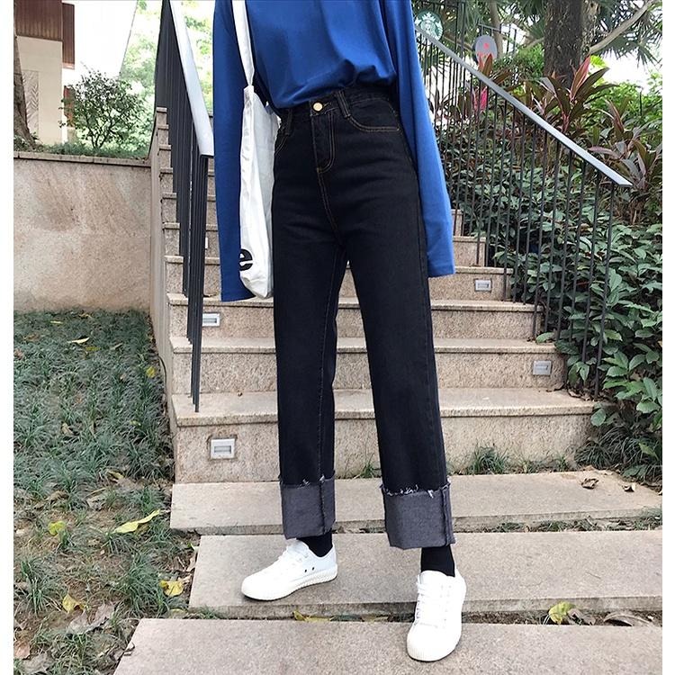 【RENA小舖 台灣現貨每天出】復古碳黑色明線設計感春季高腰修身顯瘦百搭流蘇可卷邊牛仔褲【R19955】-細節圖7