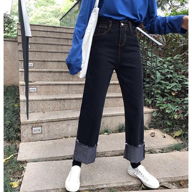 【RENA小舖 台灣現貨每天出】復古碳黑色明線設計感春季高腰修身顯瘦百搭流蘇可卷邊牛仔褲【R19955】-細節圖8