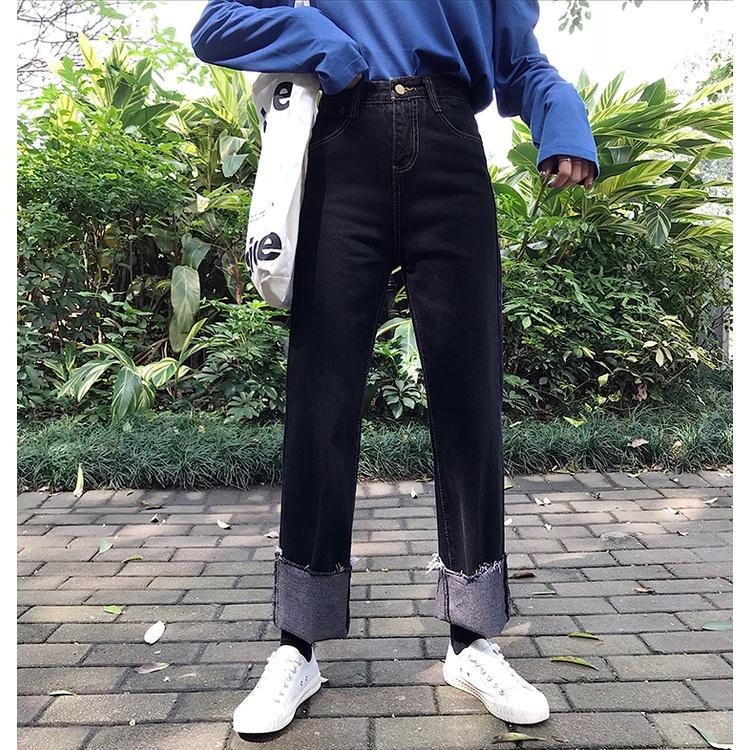 【RENA小舖 台灣現貨每天出】復古碳黑色明線設計感春季高腰修身顯瘦百搭流蘇可卷邊牛仔褲【R19955】-細節圖9