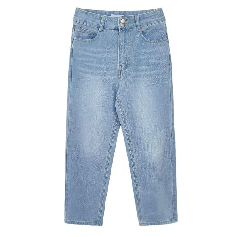 【RENA小舖 台灣現貨每天出】日常百搭復古水洗磨白雙扣小個子寬鬆高腰顯瘦直筒九分牛仔褲【R19500】-細節圖4