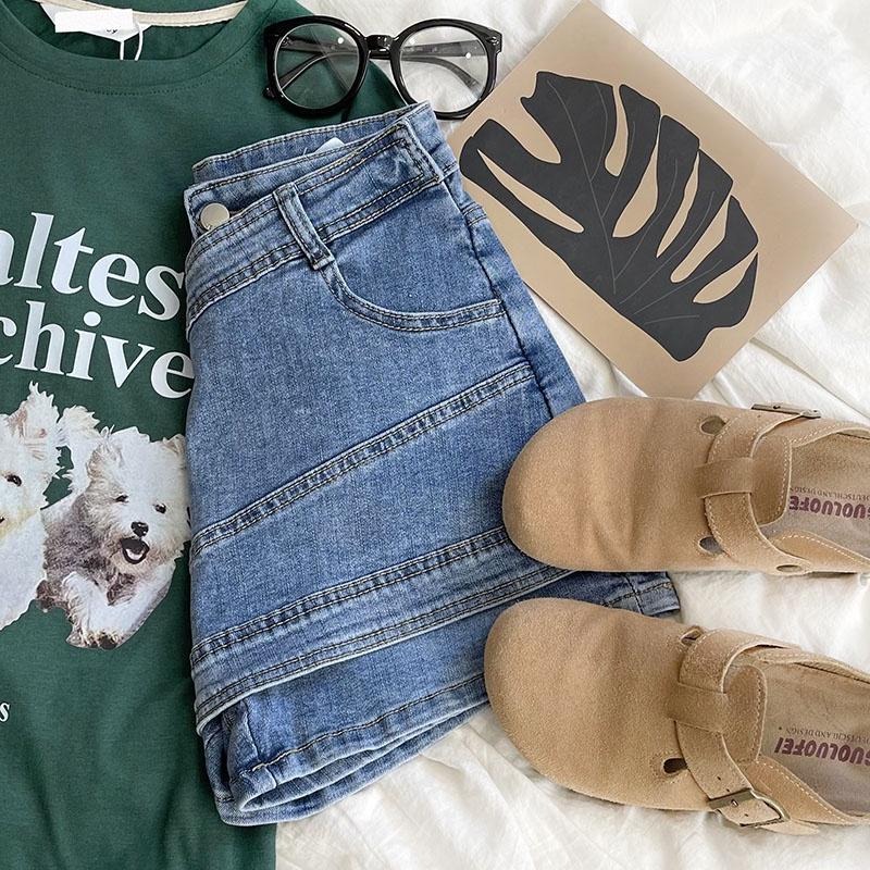 【RENA小舖 台灣現貨每天出】夏季個性拼接假兩件小個子高腰修身顯瘦防走光褲裙牛仔短裙【R20040】-細節圖2