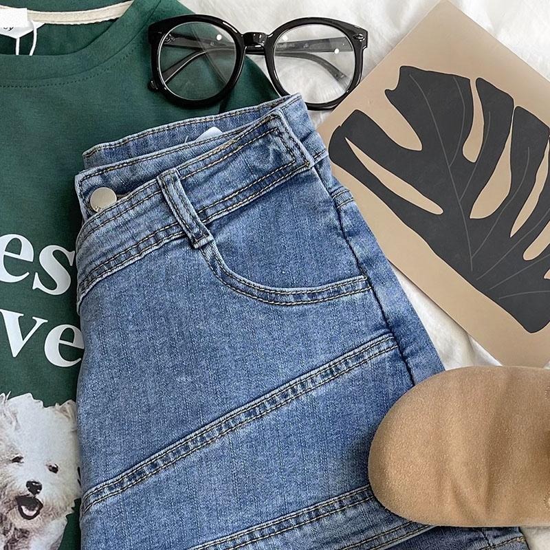 【RENA小舖 台灣現貨每天出】夏季個性拼接假兩件小個子高腰修身顯瘦防走光褲裙牛仔短裙【R20040】-細節圖3