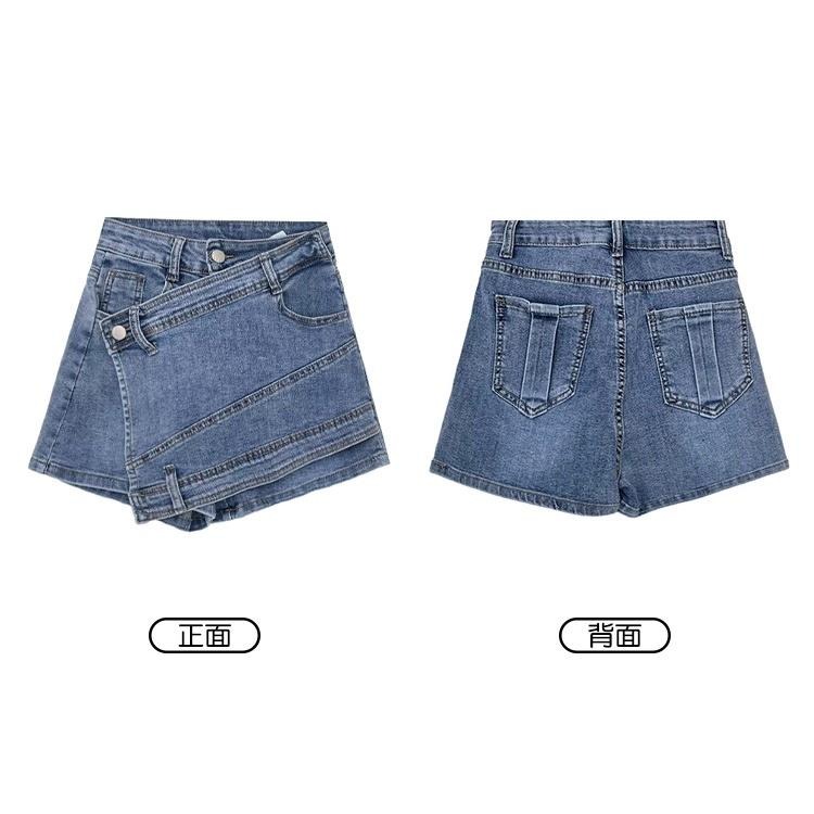 【RENA小舖 台灣現貨每天出】夏季個性拼接假兩件小個子高腰修身顯瘦防走光褲裙牛仔短裙【R20040】-細節圖4