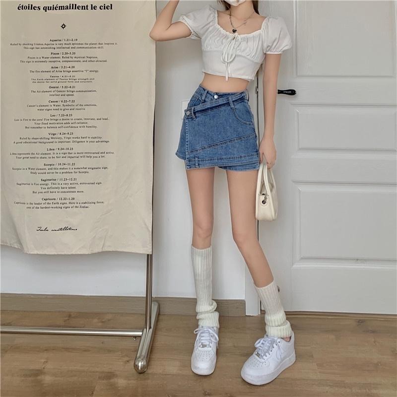 【RENA小舖 台灣現貨每天出】夏季個性拼接假兩件小個子高腰修身顯瘦防走光褲裙牛仔短裙【R20040】-細節圖5