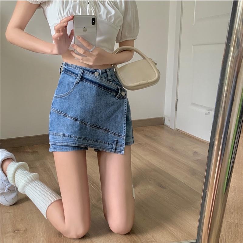 【RENA小舖 台灣現貨每天出】夏季個性拼接假兩件小個子高腰修身顯瘦防走光褲裙牛仔短裙【R20040】-細節圖6