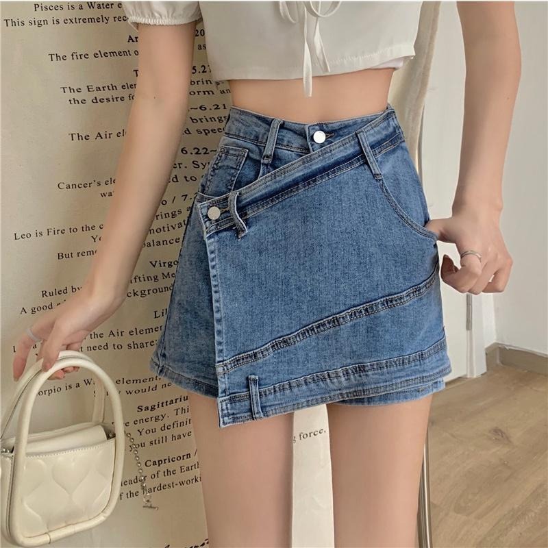 【RENA小舖 台灣現貨每天出】夏季個性拼接假兩件小個子高腰修身顯瘦防走光褲裙牛仔短裙【R20040】-細節圖7