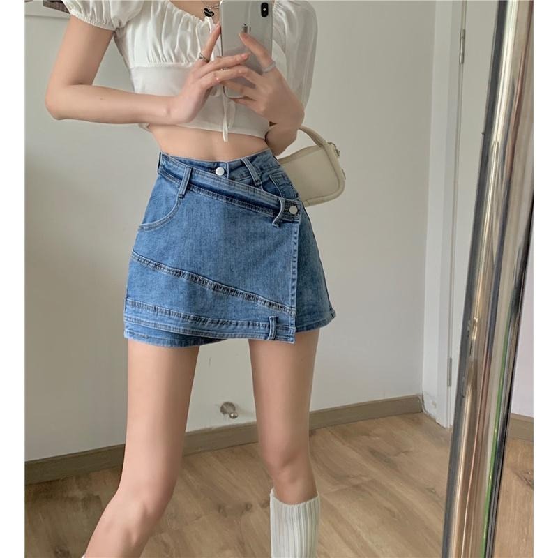 【RENA小舖 台灣現貨每天出】夏季個性拼接假兩件小個子高腰修身顯瘦防走光褲裙牛仔短裙【R20040】-細節圖8