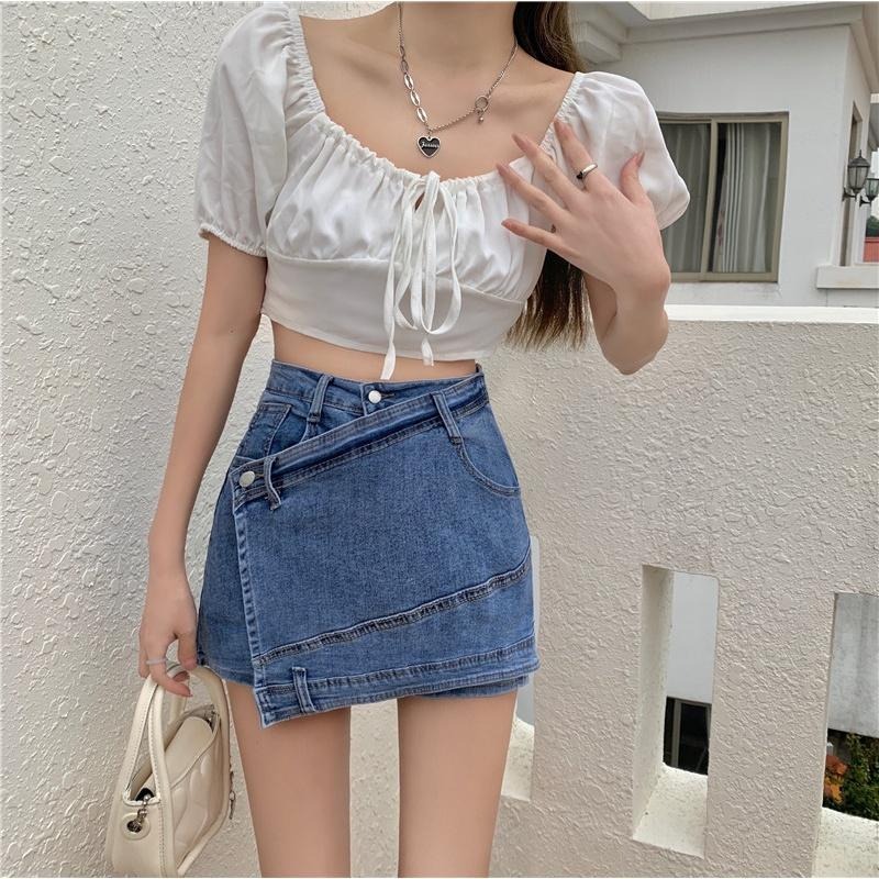 【RENA小舖 台灣現貨每天出】夏季個性拼接假兩件小個子高腰修身顯瘦防走光褲裙牛仔短裙【R20040】-細節圖9