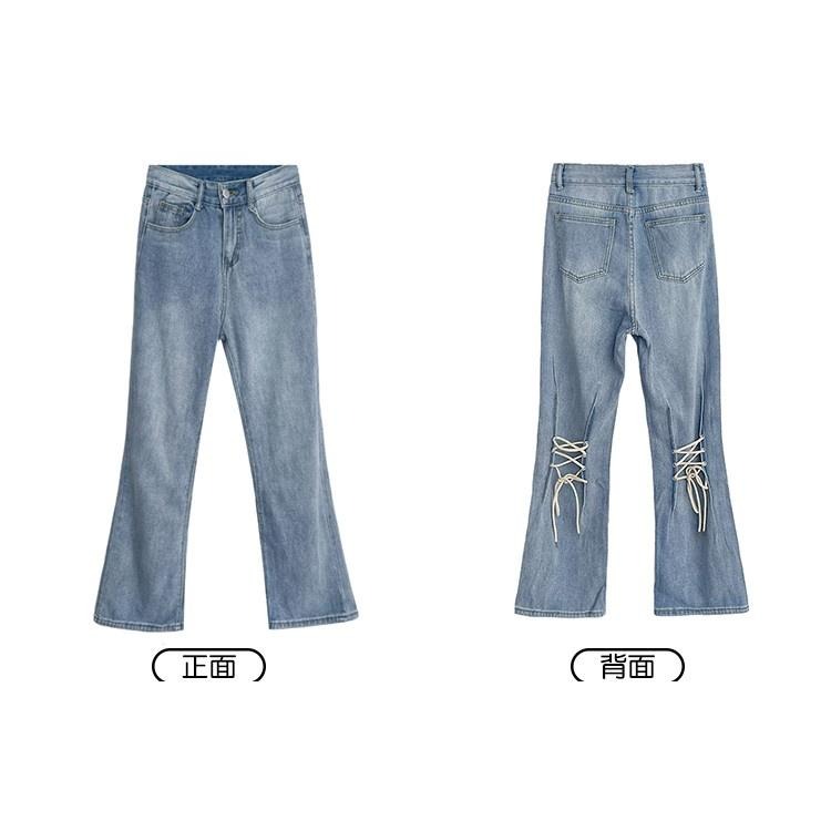 【RENA小舖 台灣現貨每天出】甜辣風顯腿長后綁帶設計感小眾高腰直筒顯瘦微喇叭牛仔長褲【R19911】-細節圖2