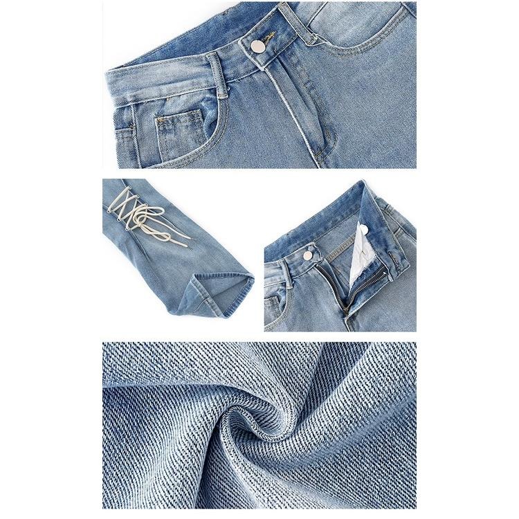 【RENA小舖 台灣現貨每天出】甜辣風顯腿長后綁帶設計感小眾高腰直筒顯瘦微喇叭牛仔長褲【R19911】-細節圖4