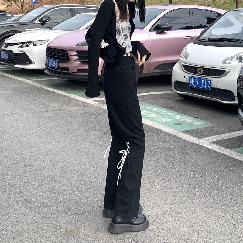 【RENA小舖 台灣現貨每天出】甜辣風顯腿長后綁帶設計感小眾高腰直筒顯瘦微喇叭牛仔長褲【R19911】-細節圖6