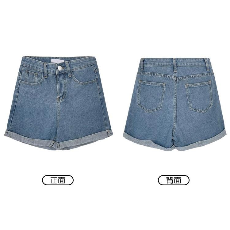 【RENA小舖 台灣現貨每天出】夏季古著感少女做舊水洗藍基礎百搭高腰顯瘦卷邊闊腿牛仔短褲【R19842】-細節圖4