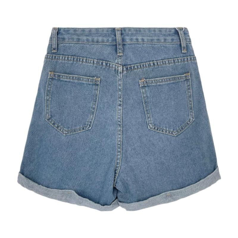 【RENA小舖 台灣現貨每天出】夏季古著感少女做舊水洗藍基礎百搭高腰顯瘦卷邊闊腿牛仔短褲【R19842】-細節圖6