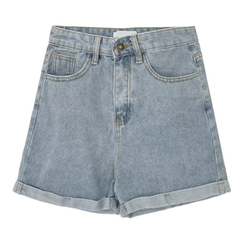 【RENA小舖 台灣現貨每天出】夏季古著感少女做舊水洗藍基礎百搭高腰顯瘦卷邊闊腿牛仔短褲【R19842】-細節圖7