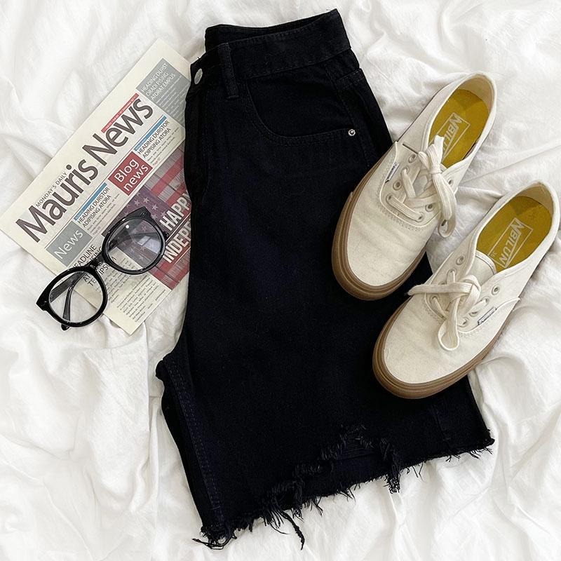 【RENA小舖 台灣現貨每天出】高腰顯瘦百搭闊腿毛邊五分牛仔短褲 闊腿短褲 五分褲 牛仔短褲【R19916】-細節圖5