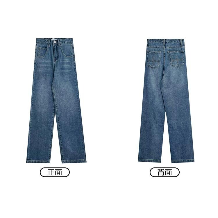【RENA小舖 台灣現貨每天出】版型超正復古磨痕水洗口袋刺繡秋季百搭高腰顯瘦直筒牛仔褲【R20761】-細節圖2