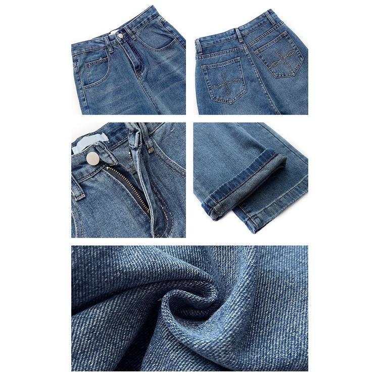 【RENA小舖 台灣現貨每天出】版型超正復古磨痕水洗口袋刺繡秋季百搭高腰顯瘦直筒牛仔褲【R20761】-細節圖3