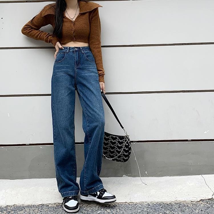 【RENA小舖 台灣現貨每天出】版型超正復古磨痕水洗口袋刺繡秋季百搭高腰顯瘦直筒牛仔褲【R20761】-細節圖6