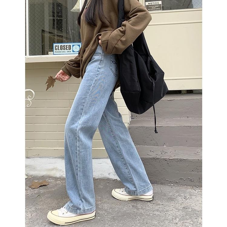 【RENA小舖 台灣現貨每天出】版型超正復古磨痕水洗口袋刺繡秋季百搭高腰顯瘦直筒牛仔褲【R20761】-細節圖7