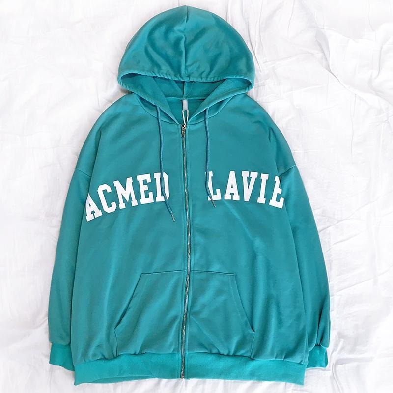 【RENA小舖 台灣現貨每天出】復古懷舊感活力顯白亮色系字母印花連帽拉鍊寬鬆百搭衛衣外套【R20578】-細節圖2