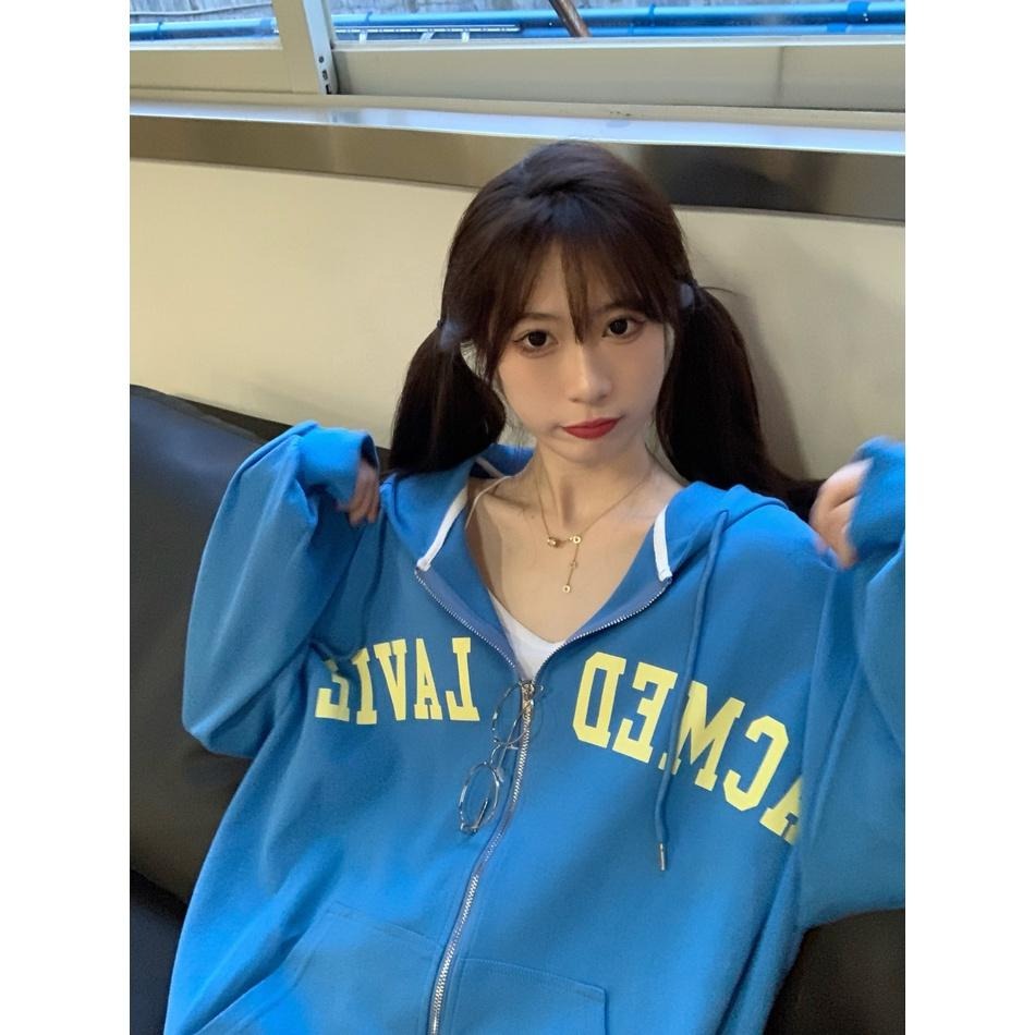 【RENA小舖 台灣現貨每天出】復古懷舊感活力顯白亮色系字母印花連帽拉鍊寬鬆百搭衛衣外套【R20578】-細節圖6