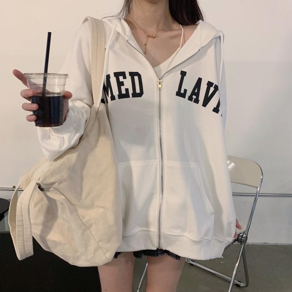 【RENA小舖 台灣現貨每天出】復古懷舊感活力顯白亮色系字母印花連帽拉鍊寬鬆百搭衛衣外套【R20578】-細節圖8