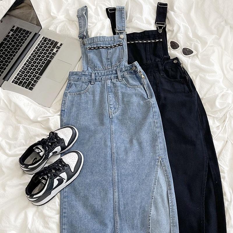 【RENA小舖 台灣現貨每天出】高腰開衩牛仔背帶裙_現貨/顯瘦/性感/復古/吊帶裙/牛仔裙/背帶裙【R20221】-細節圖5