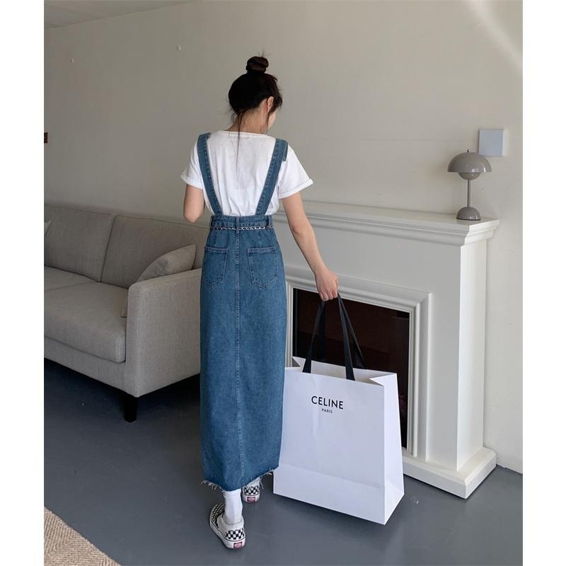 【RENA小舖 台灣現貨每天出】高腰開衩牛仔背帶裙_現貨/顯瘦/性感/復古/吊帶裙/牛仔裙/背帶裙【R20221】-細節圖6