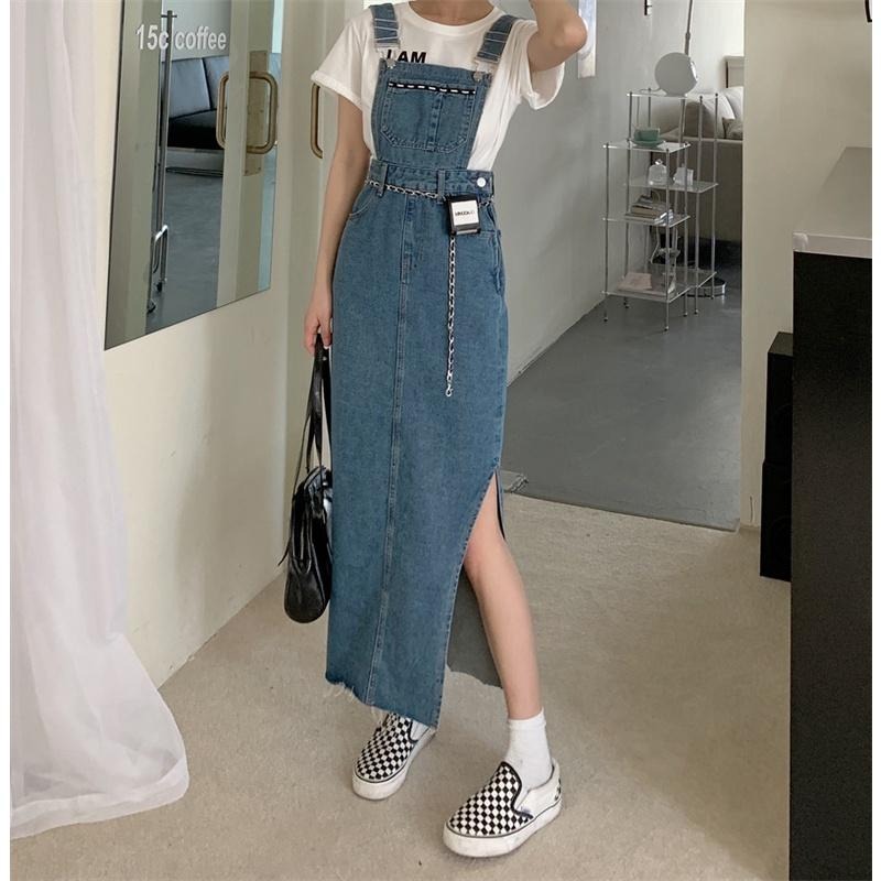 【RENA小舖 台灣現貨每天出】高腰開衩牛仔背帶裙_現貨/顯瘦/性感/復古/吊帶裙/牛仔裙/背帶裙【R20221】-細節圖7