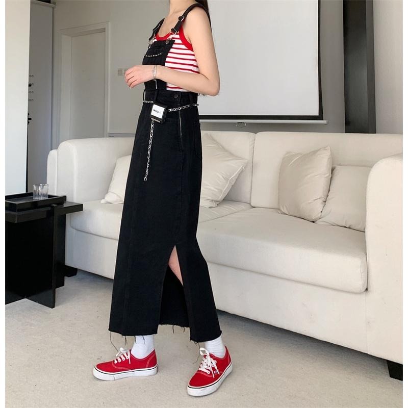 【RENA小舖 台灣現貨每天出】高腰開衩牛仔背帶裙_現貨/顯瘦/性感/復古/吊帶裙/牛仔裙/背帶裙【R20221】-細節圖8