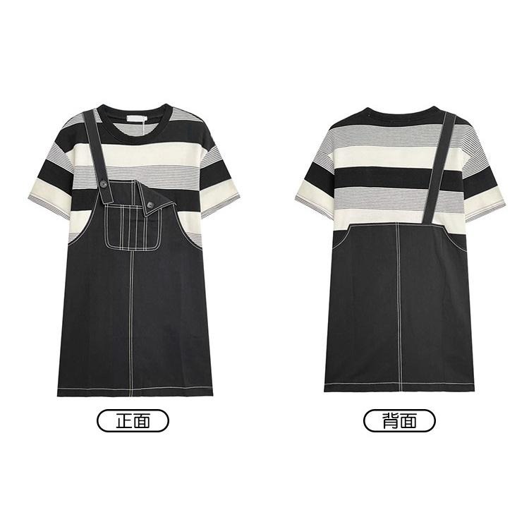 【RENA小舖 台灣現貨每天出】時髦假兩件拼接設計感拼色條紋明線寬松休閒短袖牛仔連衣裙【R20427】-細節圖2