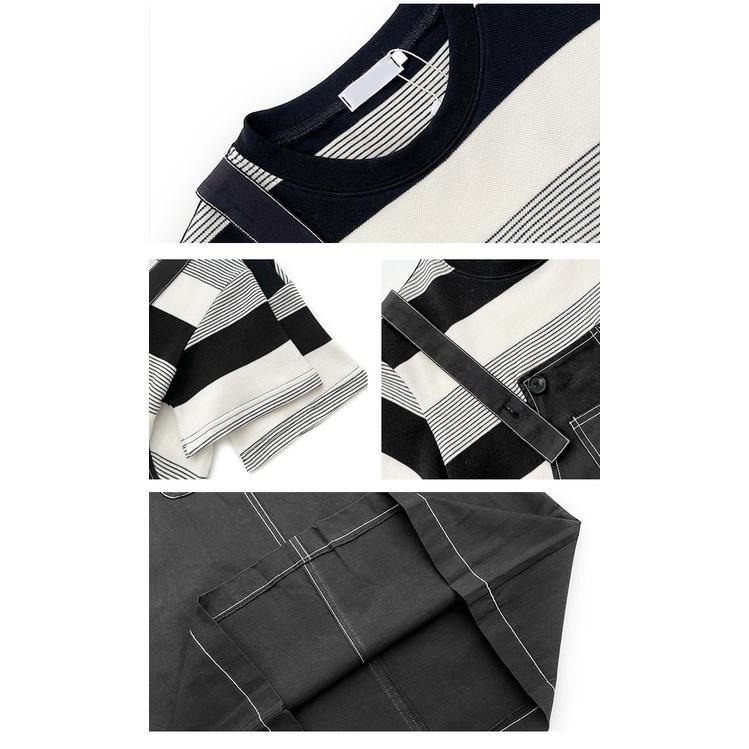 【RENA小舖 台灣現貨每天出】時髦假兩件拼接設計感拼色條紋明線寬松休閒短袖牛仔連衣裙【R20427】-細節圖3