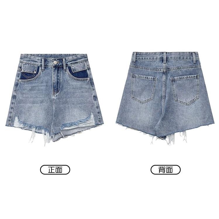 【RENA小舖 台灣現貨每天出】甜酷風辣妹毛邊流蘇設計感高腰顯瘦撞色口袋水洗百搭牛仔熱褲【R20357】-細節圖2