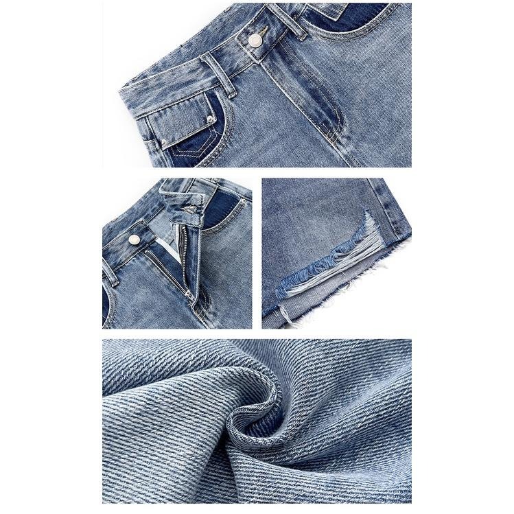 【RENA小舖 台灣現貨每天出】甜酷風辣妹毛邊流蘇設計感高腰顯瘦撞色口袋水洗百搭牛仔熱褲【R20357】-細節圖3