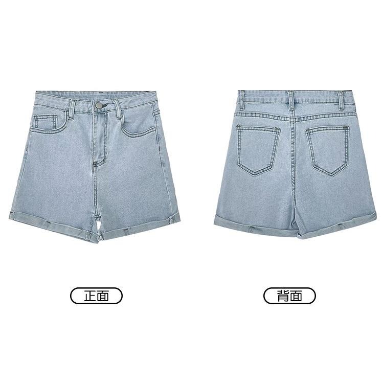 【RENA小舖 台灣現貨每天出】甜辣風復古水洗淺藍色夏季高腰彈力修身顯瘦百搭闊腿牛仔短褲【R19913】-細節圖3