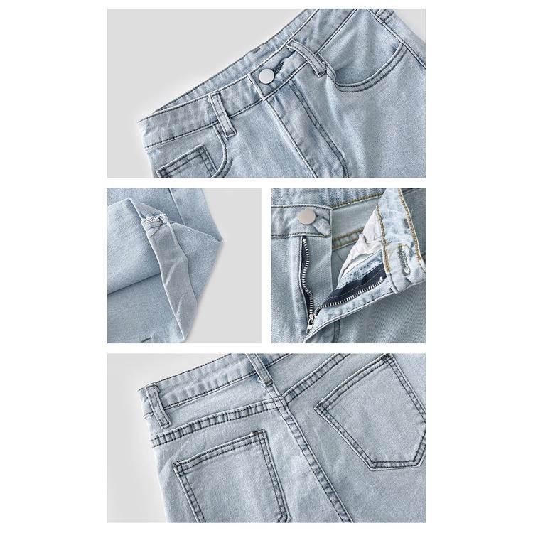 【RENA小舖 台灣現貨每天出】甜辣風復古水洗淺藍色夏季高腰彈力修身顯瘦百搭闊腿牛仔短褲【R19913】-細節圖4