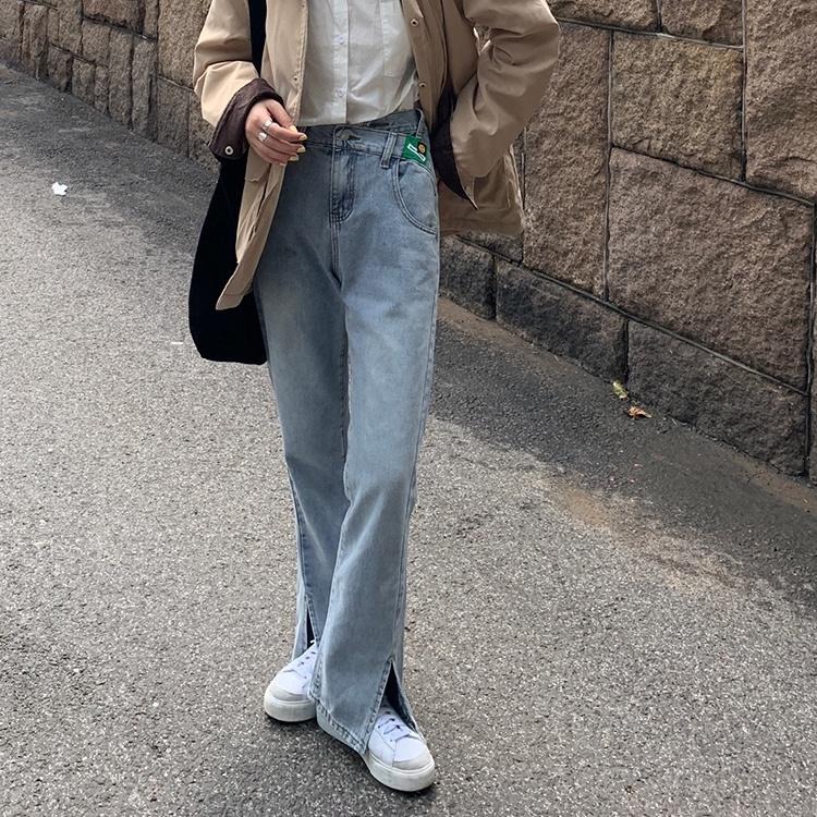 【RENA小舖 台灣現貨每天出】不規則微開衩牛仔喇叭褲_高腰/做舊/個性/百搭/長褲/喇叭褲/牛仔褲【R19695】-細節圖4