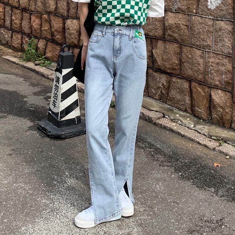 【RENA小舖 台灣現貨每天出】不規則微開衩牛仔喇叭褲_高腰/做舊/個性/百搭/長褲/喇叭褲/牛仔褲【R19695】-細節圖7