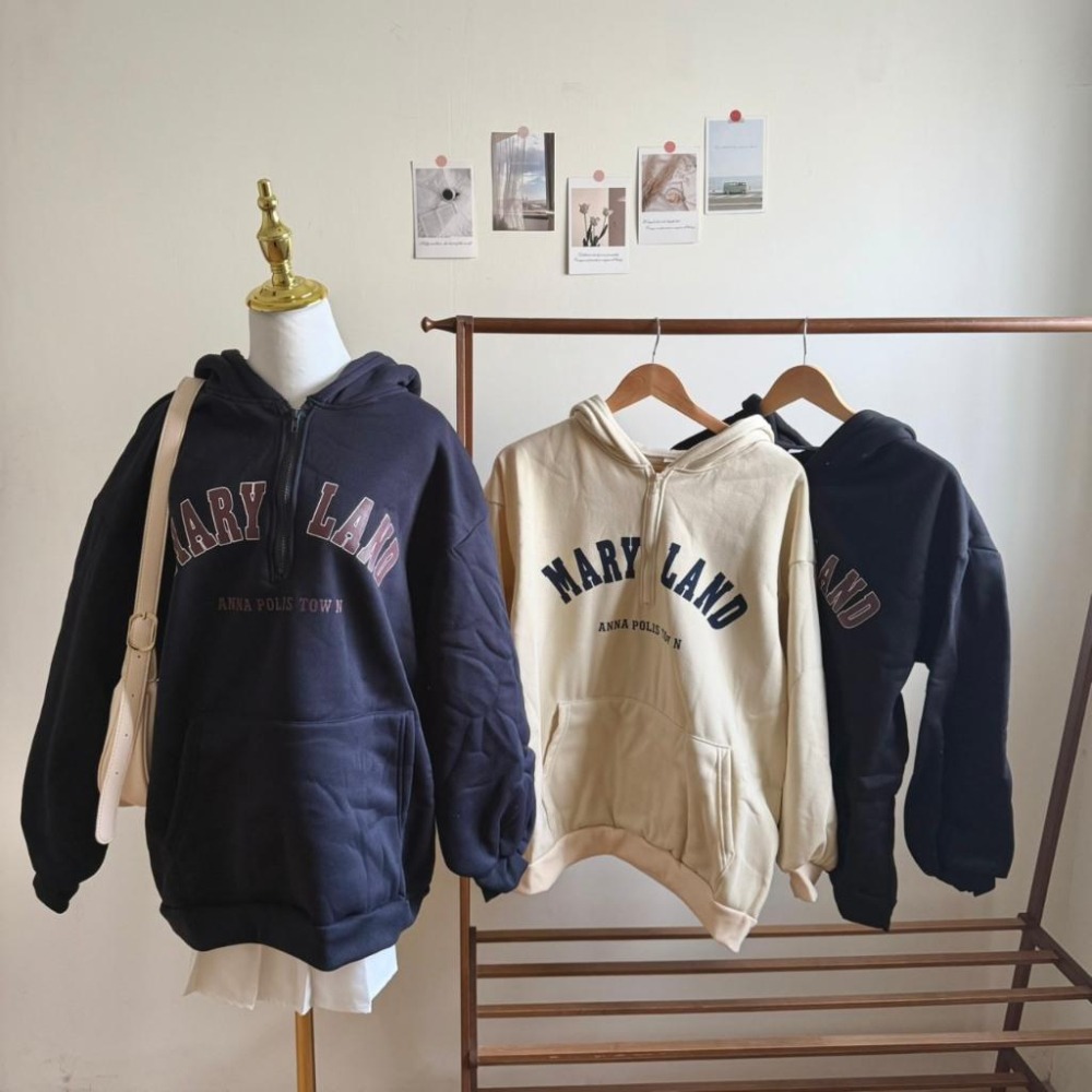 【RENA小舖 台灣現貨每天出】秋冬寬鬆慵懶刺繡字母半開拉鍊帽T/大學T/加絨上衣/休閒上衣【R22062】-細節圖2