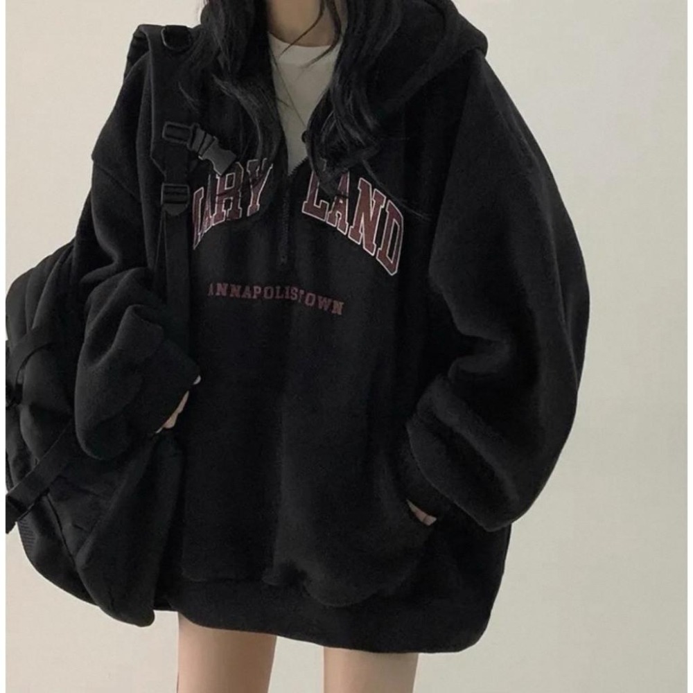 【RENA小舖 台灣現貨每天出】秋冬寬鬆慵懶刺繡字母半開拉鍊帽T/大學T/加絨上衣/休閒上衣【R22062】-細節圖6